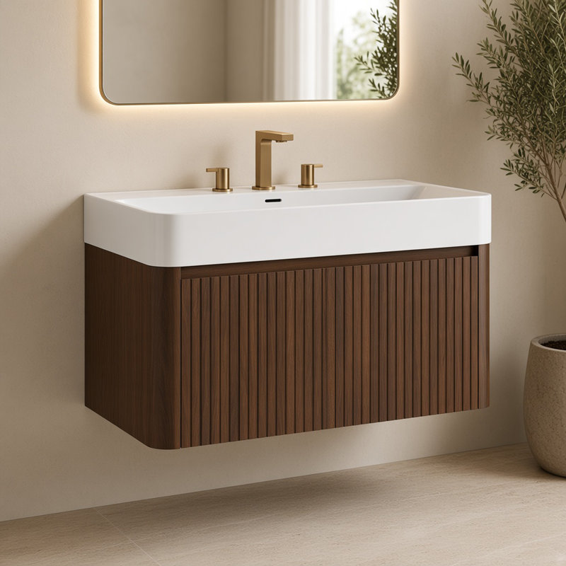 Meuble-lavabo flottant, surface intégrée avec 3 trous de robinet pré-percés, Walnut, 36"