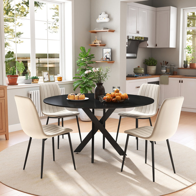 47in Round Dining Table Set, 5, Beige, Black