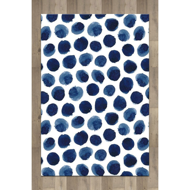Tapis bleu foncé / blanc en polyester tissé à la machine Edelmira, Rectangle 4 pi 11 po x 7 pi 7 po
