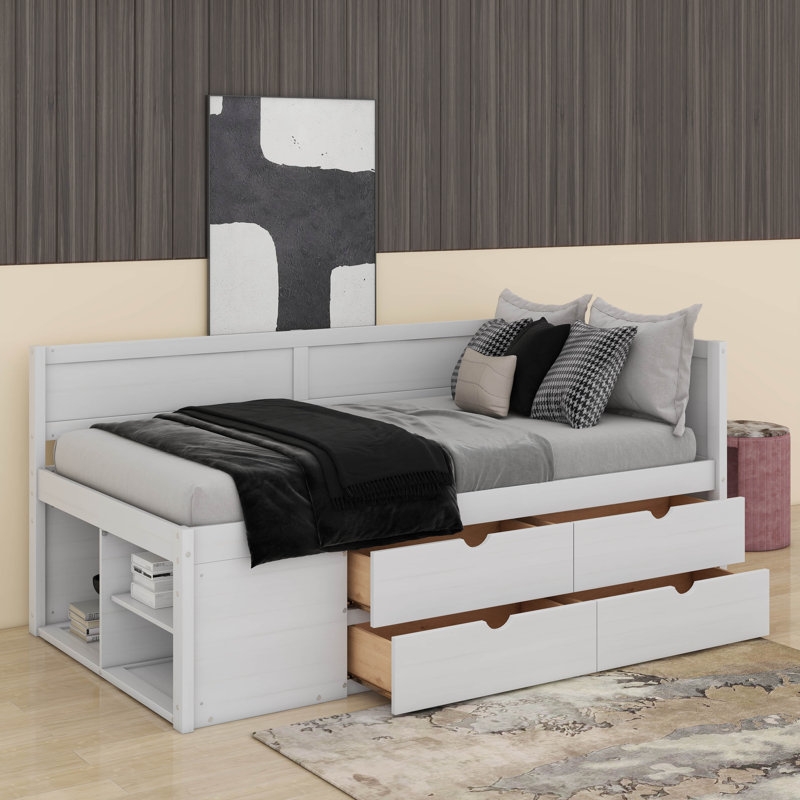 Lit de jour simple avec tablettes et tiroirs, Blanc
