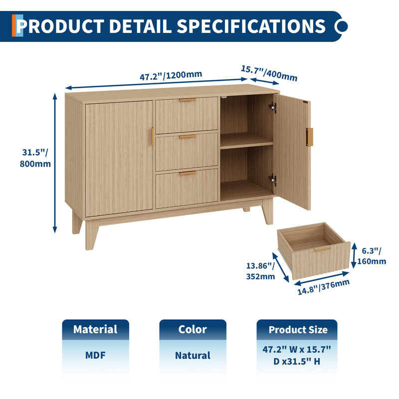 Buffet polyvalent à cannelures - 3 tiroirs, 2 portes, tablettes réglables, armoire de rangement de 47,2 po pour la cuisine, la salle à manger, le café-bar, le vestibule - mobilier de salle à manger moderne, chêne