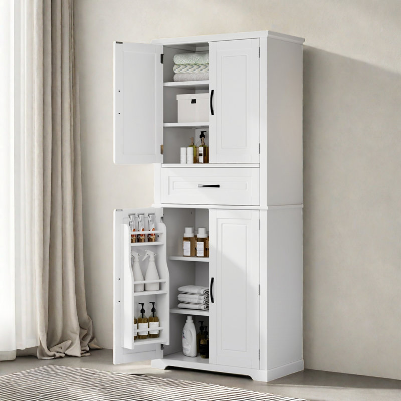 Rangement de salle de bain Marian avec 1 tiroir, armoires de rangement, tablette réglable et tablettes de porte, Blanc