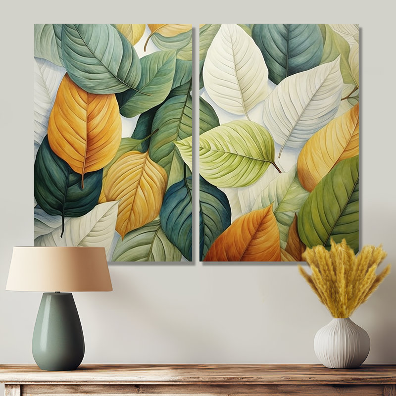 Feuilles vertes et jaunes tranquillité II - art mural traditionnel doré, H 36 po x l 48 po, Toile tendue, Ne s’applique pas
