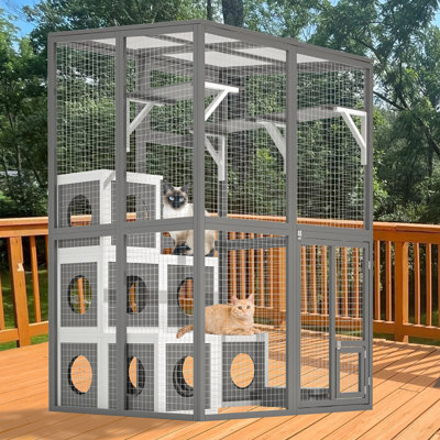Solid Wood Cat Cage For Outdoor - 2 Jump Platforms, 7 Nap Houses, Grey In With Platforms & Napping Houses Kitties