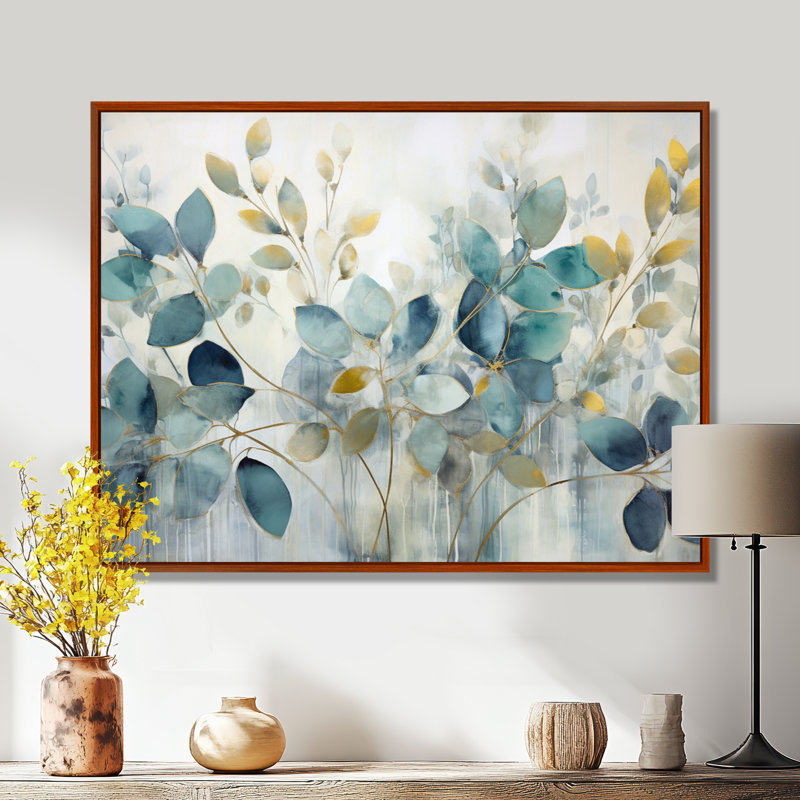 «Blue Botanical Rhythms II - Abstract Botanicals», art mural sur toile, Reproduction avec cadre flottant, H 16 po x l 32 po