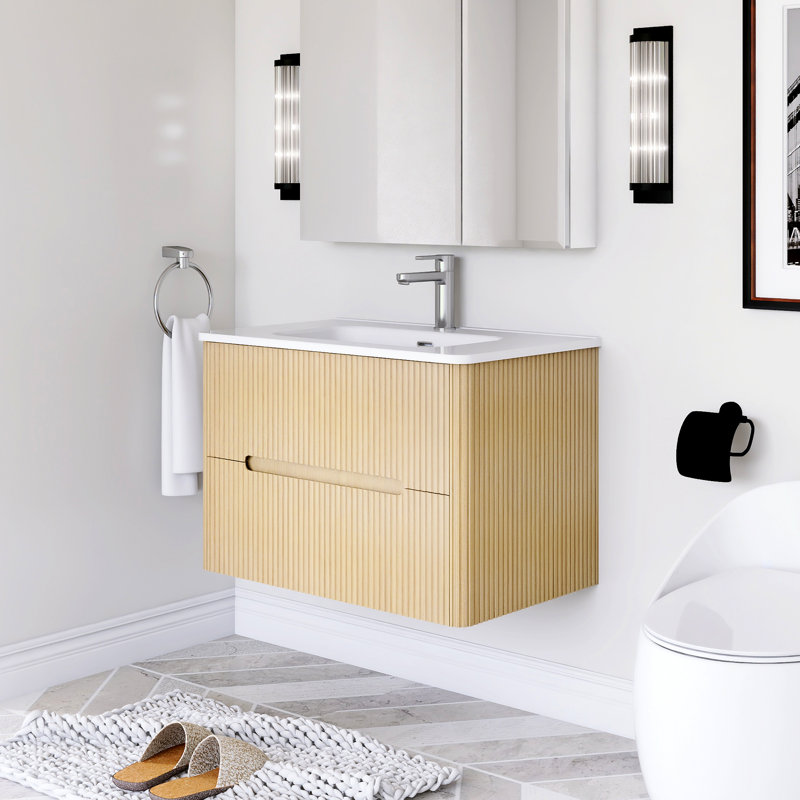 Ensemble de meuble-lavabo mural 30 po avec comptoir intégré en céramique, Chêne naturel