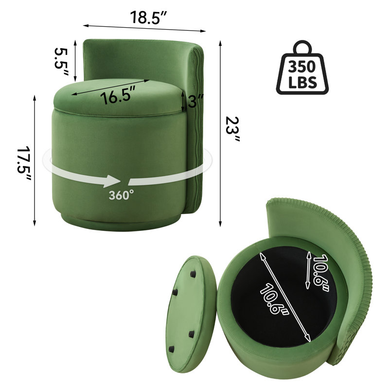 Fauteuil demi-tonneau pivotant rembourré avec rangement, Velours vert, H 23 po x l 18,5 po x P 18,5 po