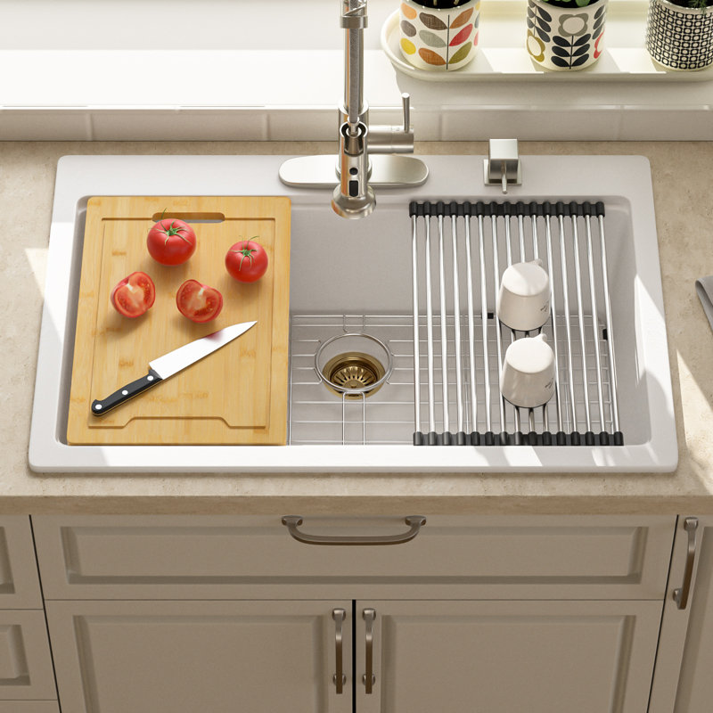 Quartz 33" L x 22" W Granite Composite Workstation Kitchen Sink Single Bowl Drop In Kitchen Sink, White