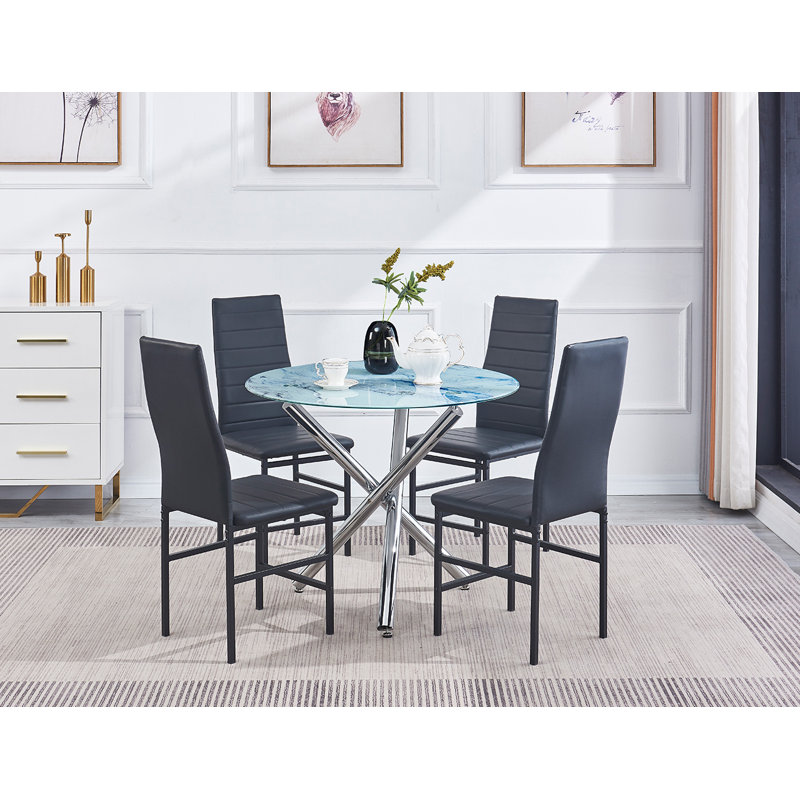 Ensemble de table de salle à manger moderne en verre effet marbre avec 4 chaises en similicuir, Noir