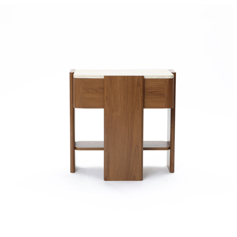 Table de bout moderne Mid-Century avec plateau en faux travertin, tiroir et table de chevet à tablette ouverte