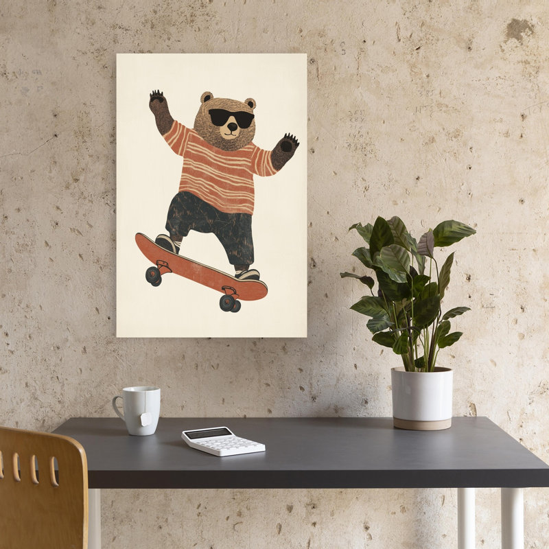 Cool Bear Skater Modern Playful Retro Bear Wall Art Print 1 Piece Wrapped Canvas Wall Art, 45.72cm H x 30.48cm W