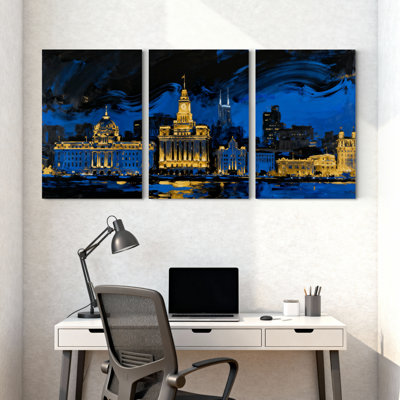 Cités et pays, paysage urbain, nuit, réflexions, ensemble de 3 impressions sur toile