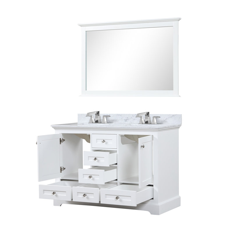Dukes 48 in. W x 22 in. D Double Bath Vanity, Faucet Set, & 46 in. Mirror, White Carrara Marble, White