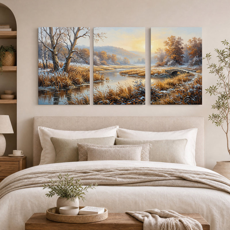 Ensemble de 3 toiles murales représentant un paysage de rivière enneigée avec un pont de pierre, 18"H x 12"W x 3pcs