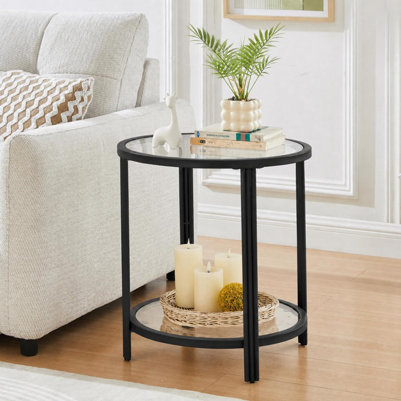 Table d'appoint ronde moderne de 50 cm (19,7 po) avec plateau en verre et rangement à 2 niveaux, Black