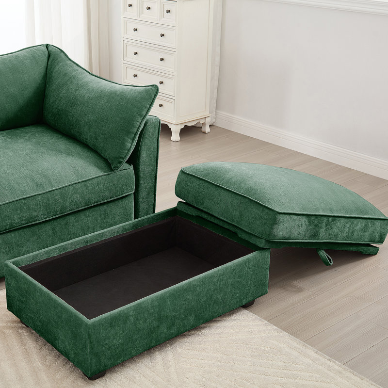Repose-pieds en chenille avec rangement caché, pour un intérieur moderne et nordique, peu encombrant et élégant., Vert