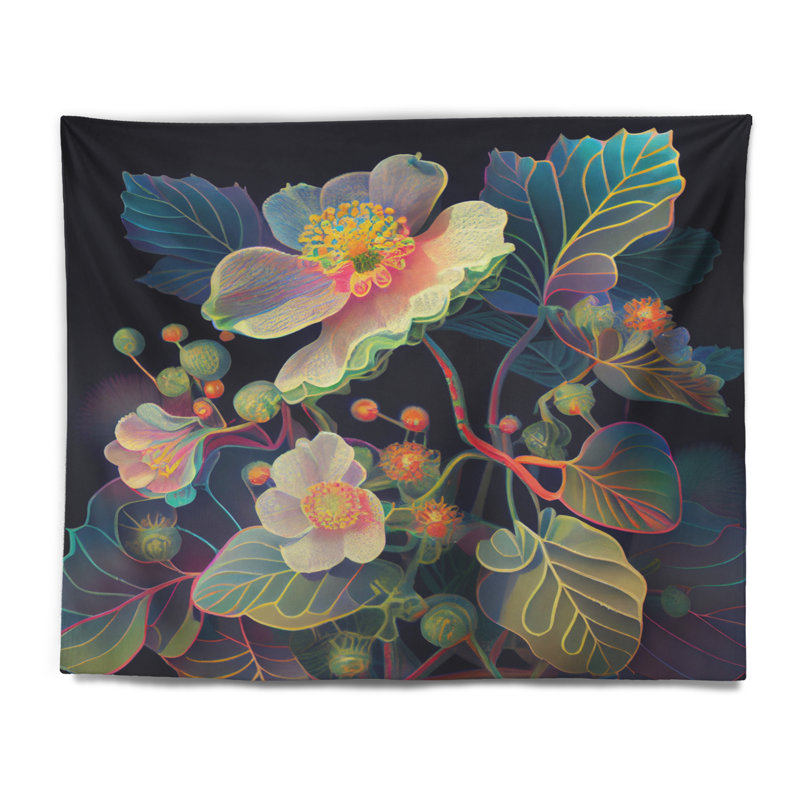 Blossoming Diphylleia Grayi In Fluorescent Colors Machine Tapestry - Rod Included, 50" H x 60" W