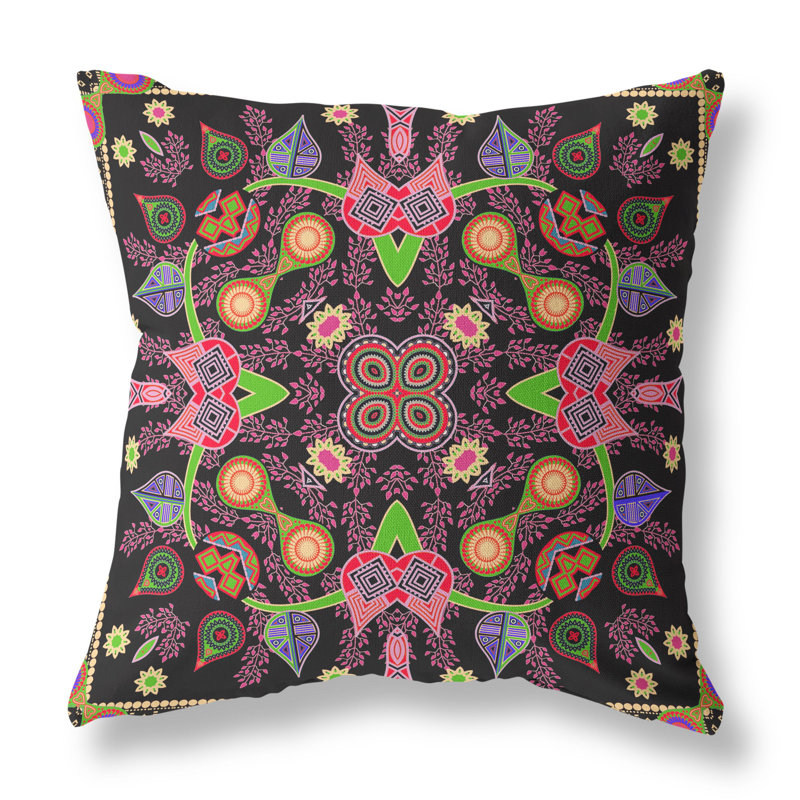 Paisley Outdoor Reversible Throw Pillow, 16" x 16", Black/Gold/Pink