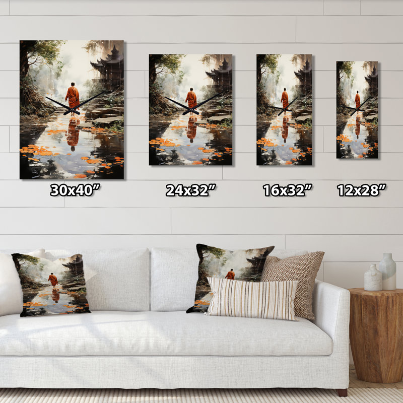 Orange Grey Buddhist Art Buddhas Footprints I - Buddhism Wall Clock Oversized, 32" H x 24" W x 1" D