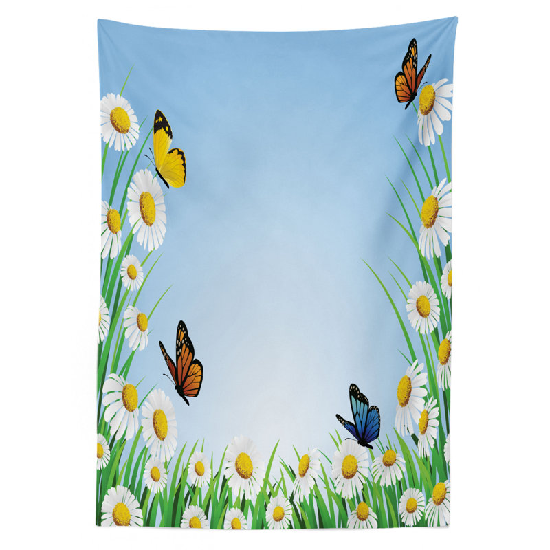 Butterfly Tablecloth, Daisies With Butterflies On Scenic Sky Chamomiles Animal Nature Happiness Art, Rectangular Table Cover For Dining Room Kitchen Decor, 52" X 70", Multicolor