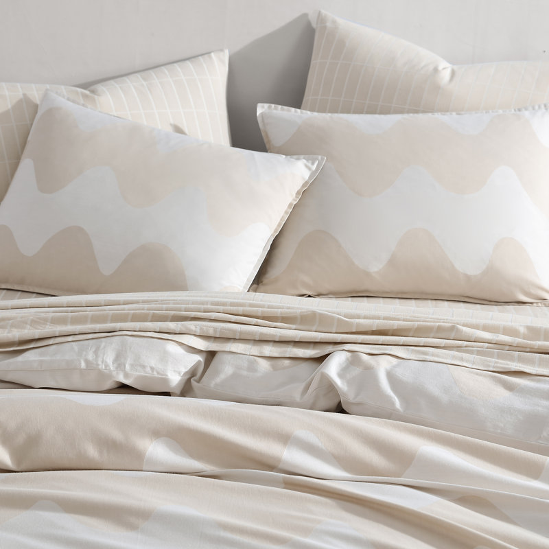 Lokki Beige/White Organic 100% Cotton Duvet Cover Set, King Duvet Cover + 2 King Shams
