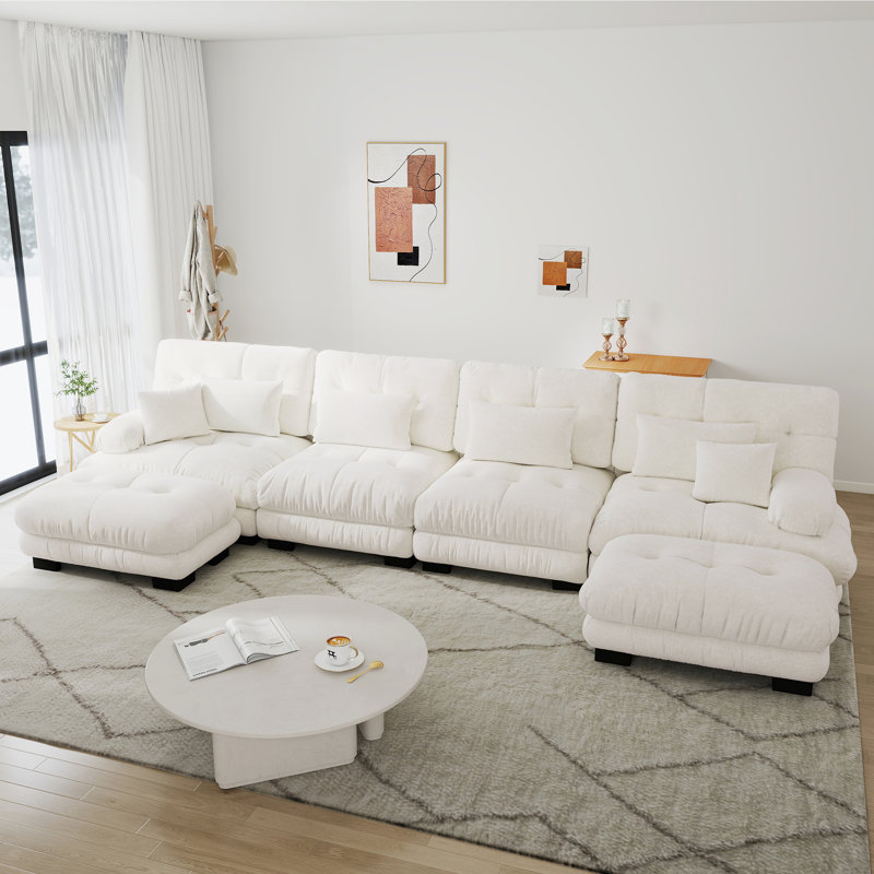 Modular Sectional Cloud Couch , 2 Ottomam Chenille Deep Seat Sofa With Pillow For Living Room, Beige