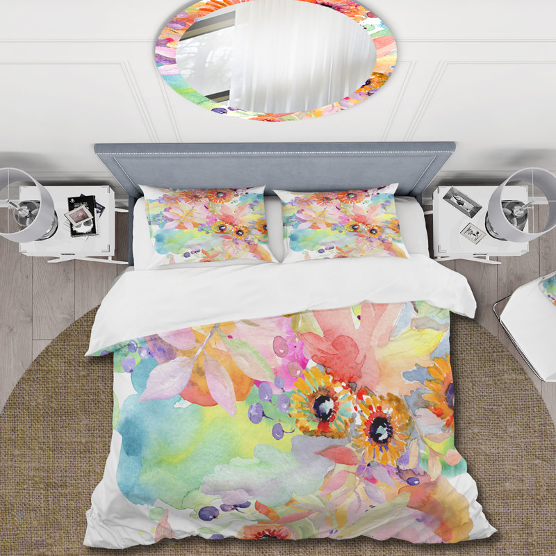 Vibrant Wild Spring Leaves and Wildflowers I - Ensemble de housse de couette traditionnel - Microfibre de polyester