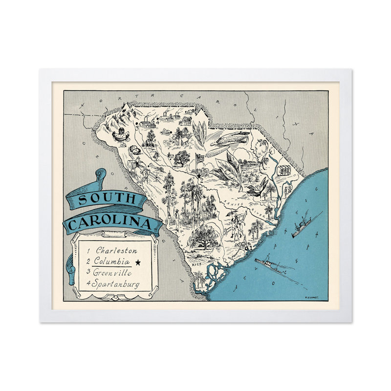 Carte illustrée de South Carolina, Affiche, 18"H x 24"W, Encadrement blanc