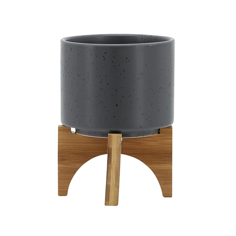 5" Planter W/ Wood Stand, Matte Gray, 7'' H x 5'' W x 5'' D