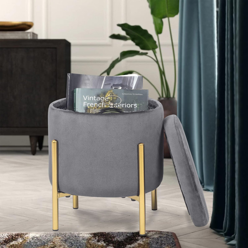 Callum-Lee 37cm Wide Velvet Round Solid Colour Standard Ottoman with Storage, Dark Grey, Gold