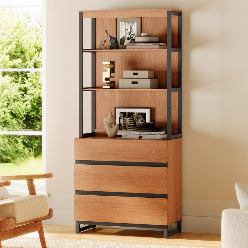 Aadam  Modern 72" Tall Bookcase With 3 Drawers And Open Book Shelfs, Library Book Shelf With Storage Cabinet, Wood Freestanding Bookshelf For Home Office, Living Room,