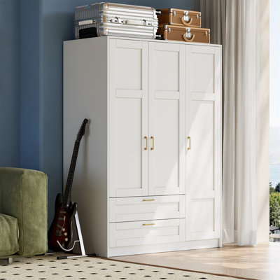 Large Capacity Freestanding Wooden Wardrobe Closet – 3 Doors, 2 Drawers, Adjustable Shelves  Hanging Rod, Durable Modern MDF Bedroom Armoire, Easy-Cl