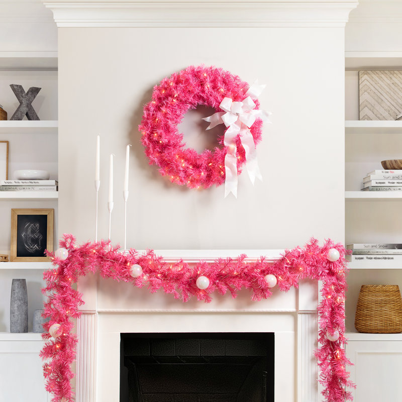 Pre-Lit Artificial Tinsel Christmas Wreath - 24" - Clear Lights, Pink