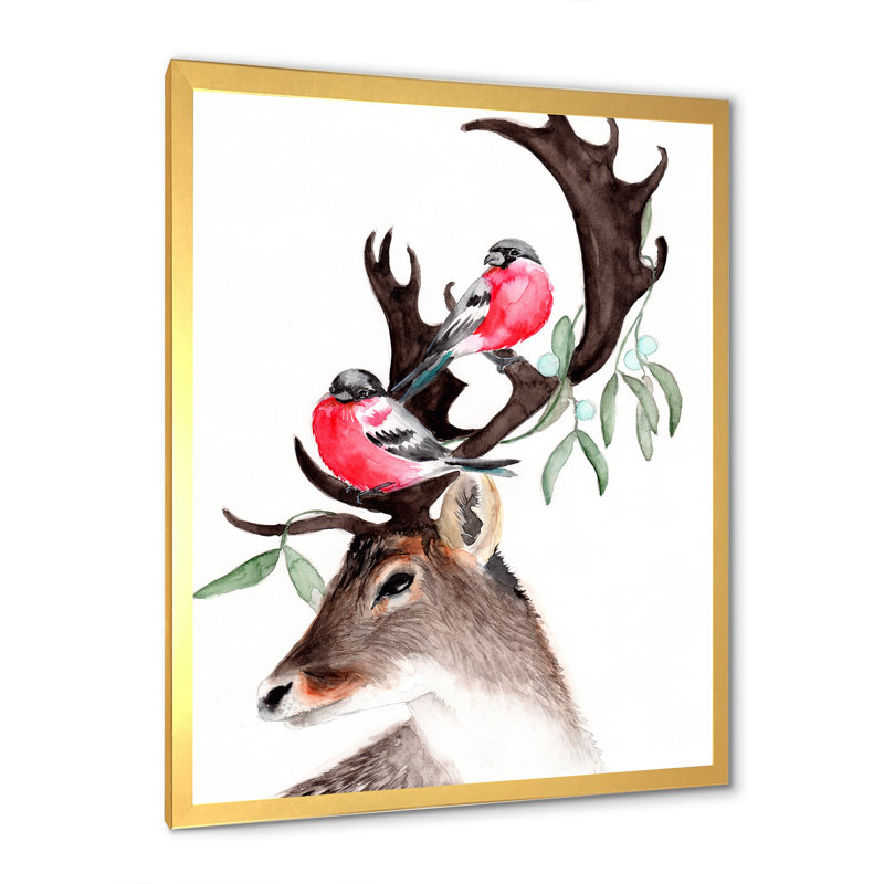 Cerf avec deux bouvreuils rouges - reproduction sur toile, Toile à cadre d'angle fermé doré, H 32 po x l 24 po