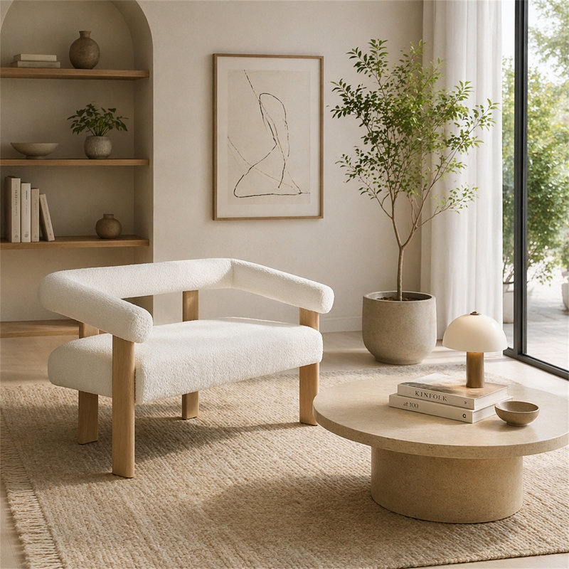 Causeuse ronde avec accoudoirs (beige et naturel), Beige