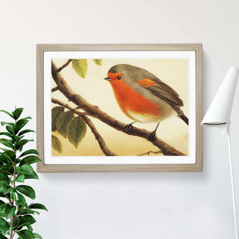 Contemporary Robin Bird - Framed Print, 46cm H x 64cm W x 2cm D, Oak