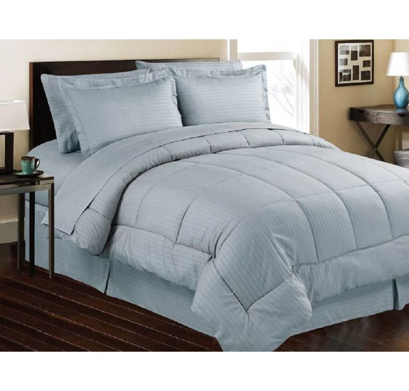 Polyester Baffle Box Stitch Striped Comforter, Blue, Queen Comforter