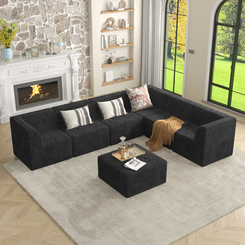 Canapé modulaire Boneless, Tissu noir, H 29,97 po x l 130,37 po x P 97,3 po