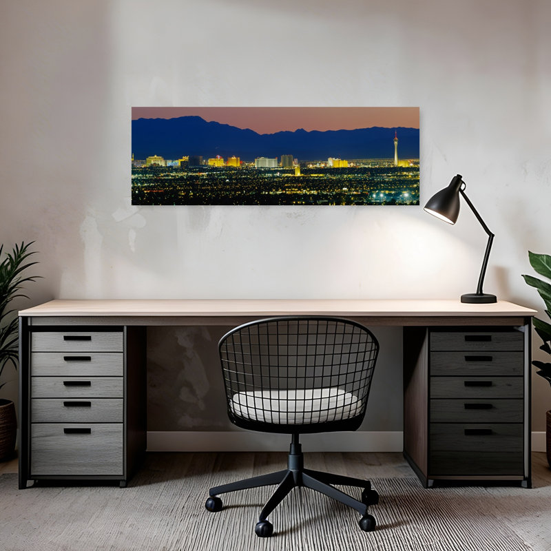 Aerial View Of Buildings Lit Up At Dusk Las Vegas Nevada USA 1 Piece Wrapped Canvas Panoramic Wall Art