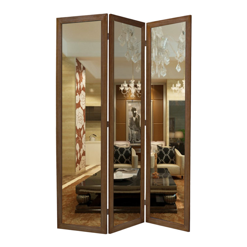 Paravent 3 panneaux en bois pliable avec miroir, blanc et argent, Brun patiné