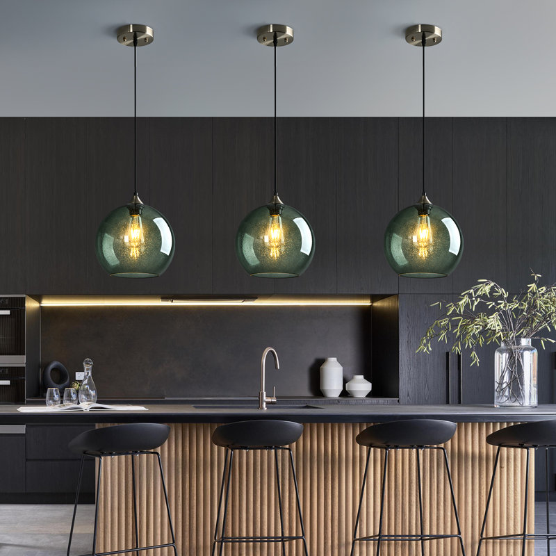 Luminaire suspendu en forme de globe à 3 lumières Charolyn Luminaire suspendu en verre pour îlot de cuisine, Gris / vert