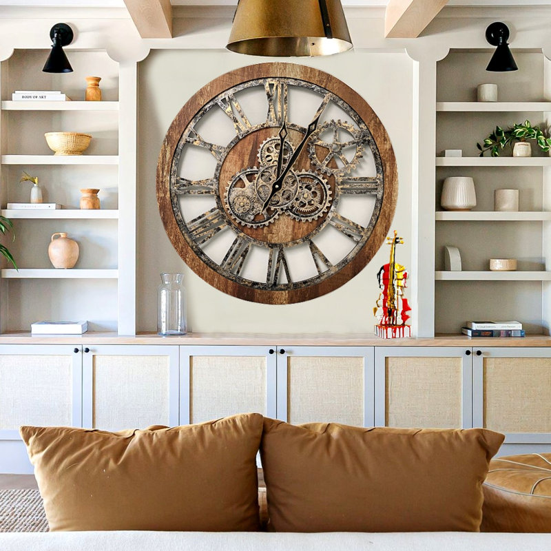 Wall Clock 24" Round Oversized for Living Room decor with Real Moving Gears America Collection, Vintage Brown