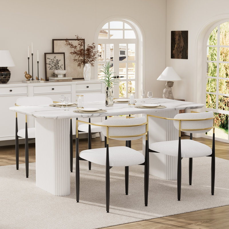 Ensemble de table de salle à manger Marble, Blanc, Beige, 5 pièces: table, 4 chaises