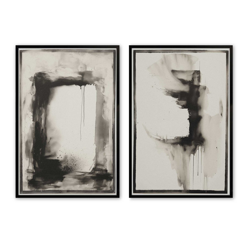 Ensemble de 2 estampes obsidiennes encadrées dans un cadre noir, 14 po x 11 po, Noir satiné, H 21 po x l 34 po