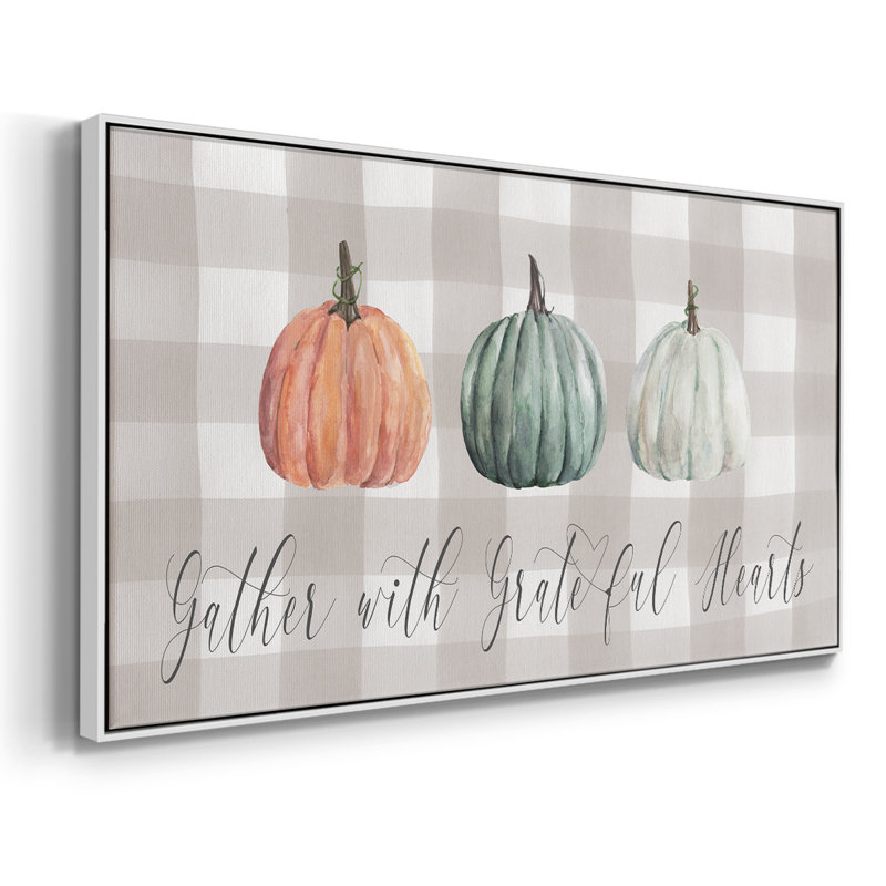 «Gather With Grateful Hearts», toile tendue avec châssis encadré, prête à être accrochée, H 21 po x l 41 po, Blanc