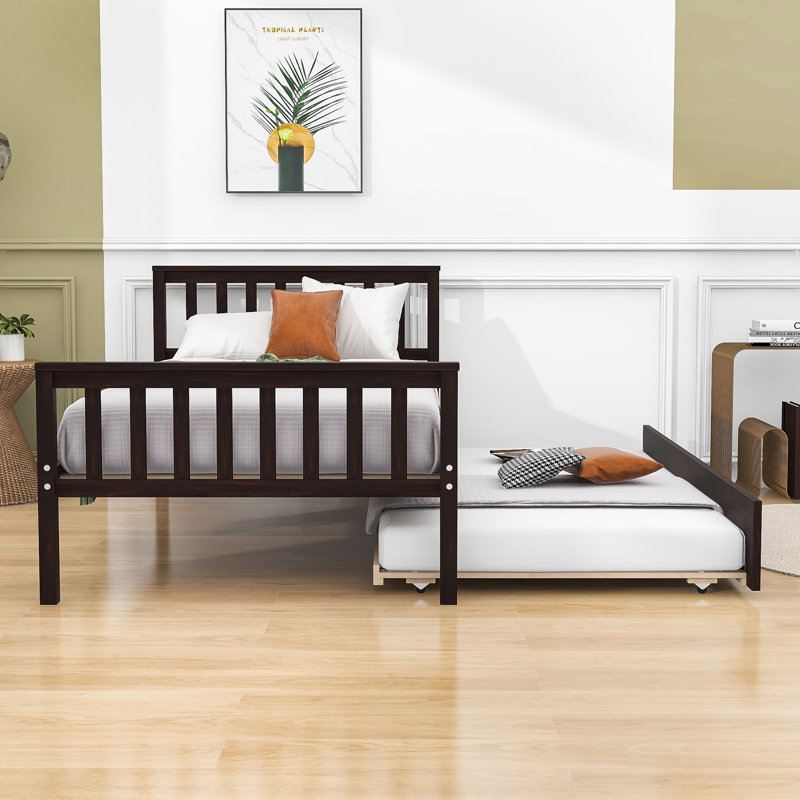 Twin Size Platform Bed Frame with Trundle, Espresso