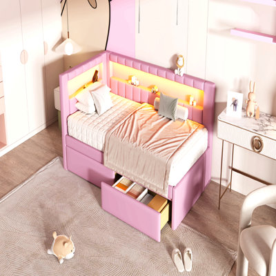Upholstered Twin Size Platform Bed With Usb Ports And Led Belt, With 2 Drawers, Pink