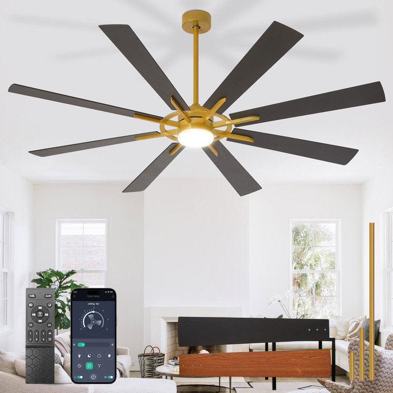 72 Inch Large Ceiling Fan with Light, Modern 8-Blade Black Indoor Outdoor Fans with Remote App Control Dimmable Light, Quiet DC Motor Reversible 6 Speed Timer