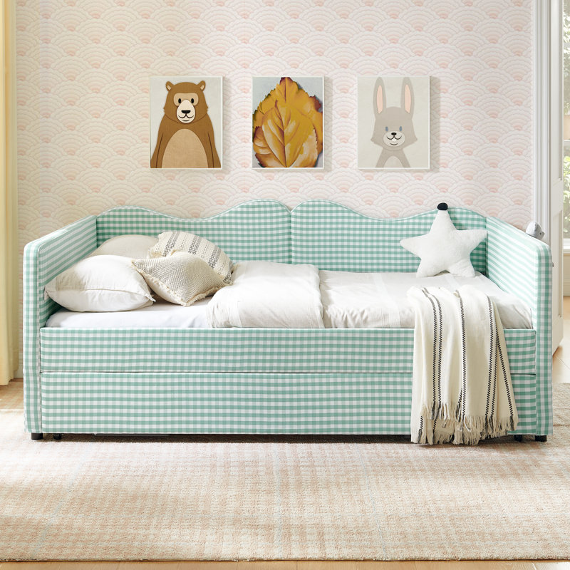 Lit de jour double, lit de jour rembourré en vichy équipé d'un cadre de lit gigogne escamotable et d'une poche de rangement latérale, canapé-lit multifonctionnel en bois massif pour chambre d'enfant et chambre d'amis - Cyan