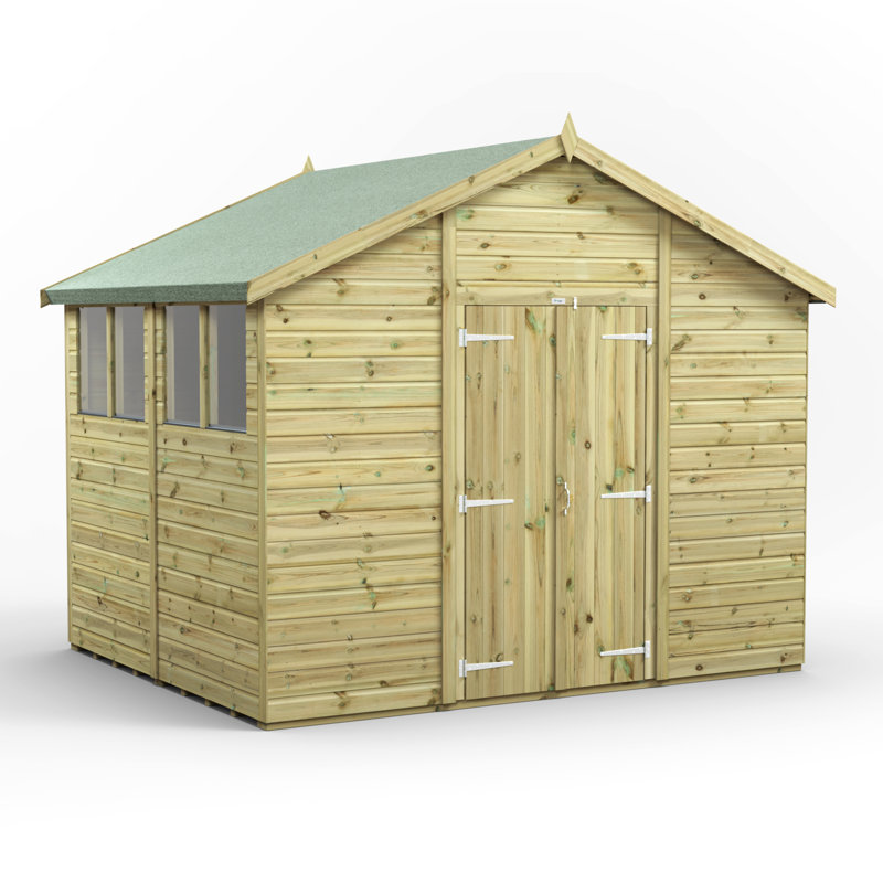 Powersheds 8 x 10ft Premium Pressure Treated Timber Apex Garden Shed, Double Doors
